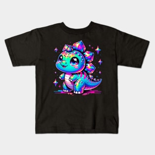 Baby Stegosaurus Cute Neon Kawaii Dino Chibi Kids T-Shirt